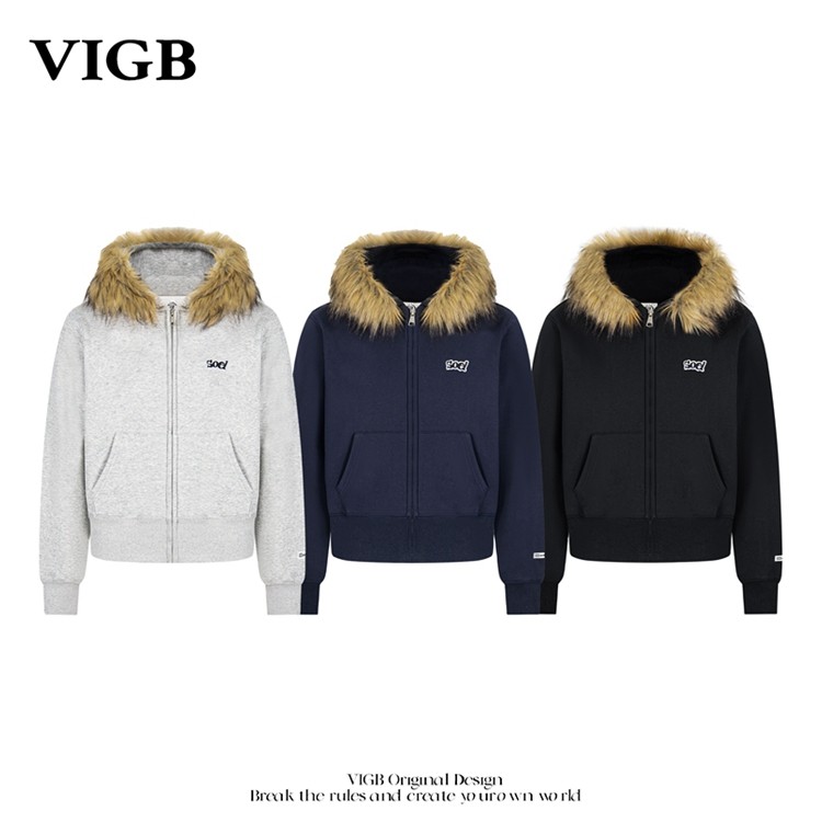 VIGB 原创国潮美式高级感字母刺绣毛领连帽卫衣男女重磅情侣外套