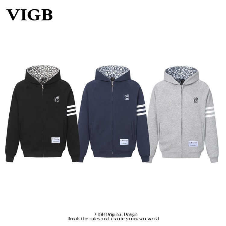 VIGB 原创国潮美式三杠连帽开衫卫衣基础显瘦百搭拉链情侣外套潮