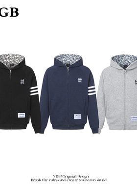 VIGB 原创国潮美式三杠连帽开衫卫衣基础显瘦百搭拉链情侣外套潮