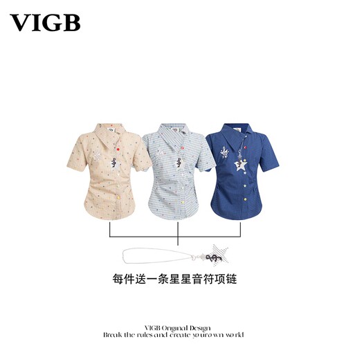 VIGB原创复古格子刺绣短袖衬衫
