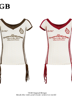 VIGB 原创国潮美式复古短袖t恤女夏季辣妹学院风修身v领球衣上衣