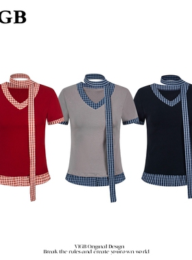 VIGB 原创国潮美式复古格子飘带拼接短袖t恤女设计感收腰显瘦上衣