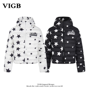 VIGB 原创国潮美式复古满印星星字母印花冬季女款加厚保暖棉服潮