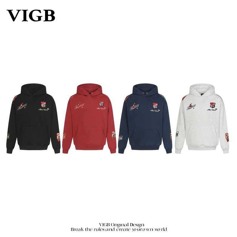 VIGB 原创国潮美式复古高街字母刺绣徽章连帽卫衣加绒情侣帽衫潮