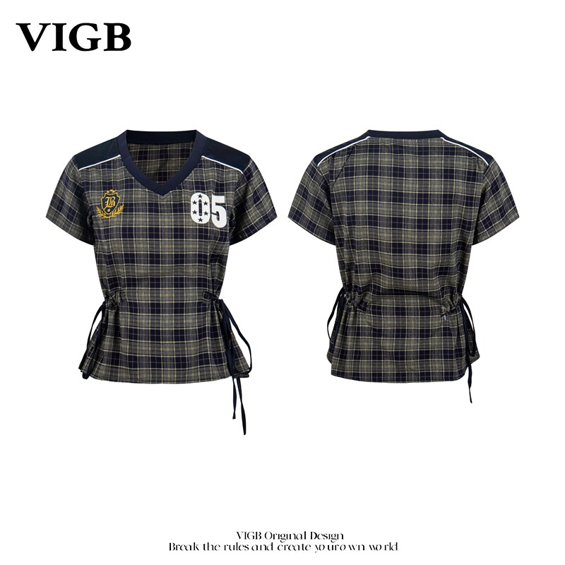 VIGB 原创国潮美式复古球衣风V领格子短袖T恤女夏季显瘦短款上衣