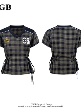 VIGB 原创国潮美式复古球衣风V领格子短袖T恤女夏季显瘦短款上衣