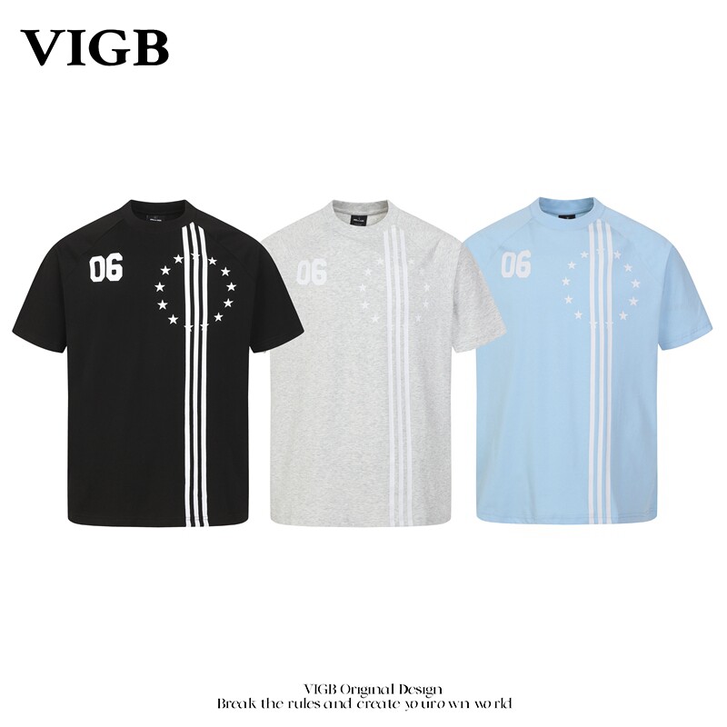 VIGB 原创国潮美式复古星星条纹印花T恤男女痞帅高级感重磅上衣潮