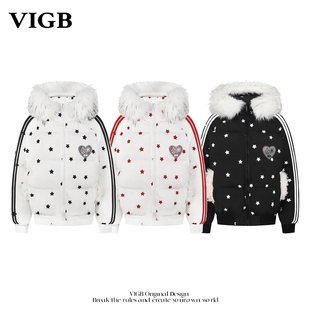 VIGB 潮 原创国潮休闲满印星星毛领连帽棉服男女加厚减龄外套时尚