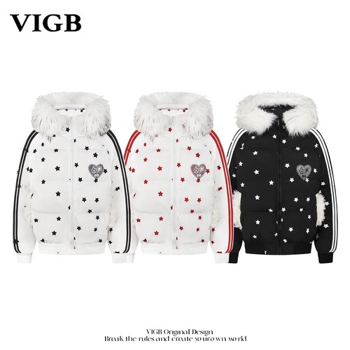 VIGB 原创国潮休闲满印星星毛领连帽棉服男女加厚减龄外套时尚潮
