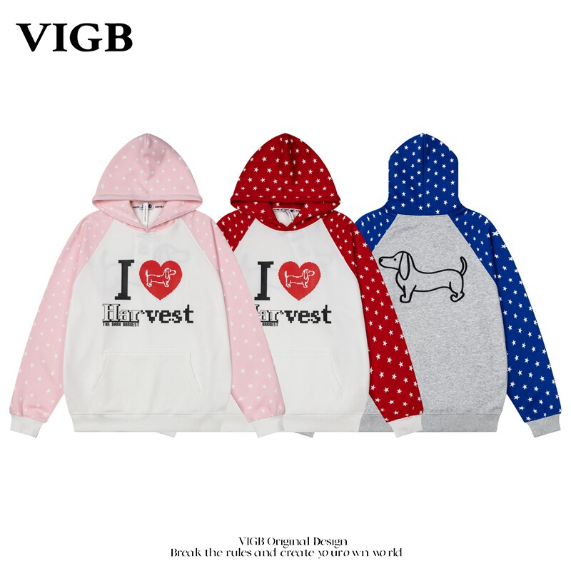 VIGB 原创国潮美式复古印花连帽卫衣外套男女春秋情侣拉链帽衫
