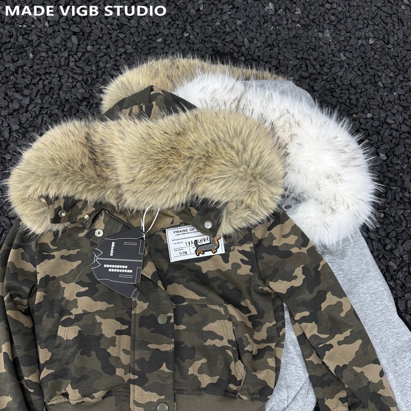 VIGB原创国潮美式复古迷彩水洗修身拉链外套街头辣妹卫衣帽衫夹克