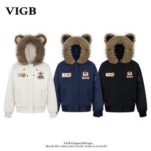 加厚保暖派克服潮 小熊可拆卸毛领棉服男女冬季 VIGB 原创国潮美式