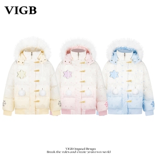 VIGB 甜美雪花连帽棉服宽松牛角扣保暖棉衣外套男女 原创国潮美式