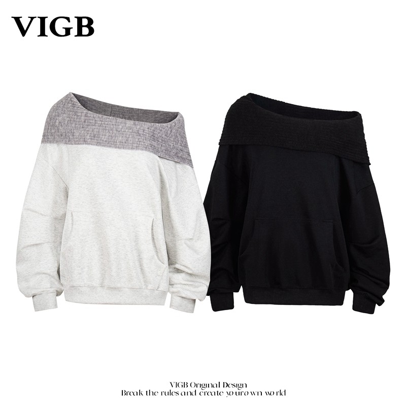 VIGB国潮一字领斜肩连帽卫衣女