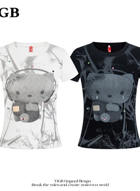 VIGB 原创国潮美式复古Kitty猫卡通印花夏季短袖T恤女设计感上衣