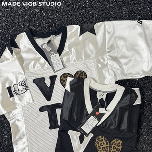 爱心撞色辣妹T恤宽松网眼运动球衣情侣小众短袖 VIGB 原创国潮美式