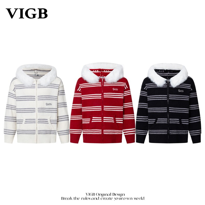 VIGB美式条纹连帽毛衣男女外套