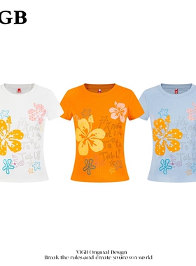 VIGB 原创国潮美式复古花朵印花短袖t恤女夏季辣妹修身半袖上衣潮