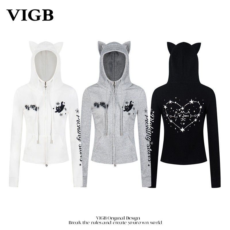 VIGB 原创国潮美式复古字母印花连帽卫衣外套女宽松显瘦短款帽衫