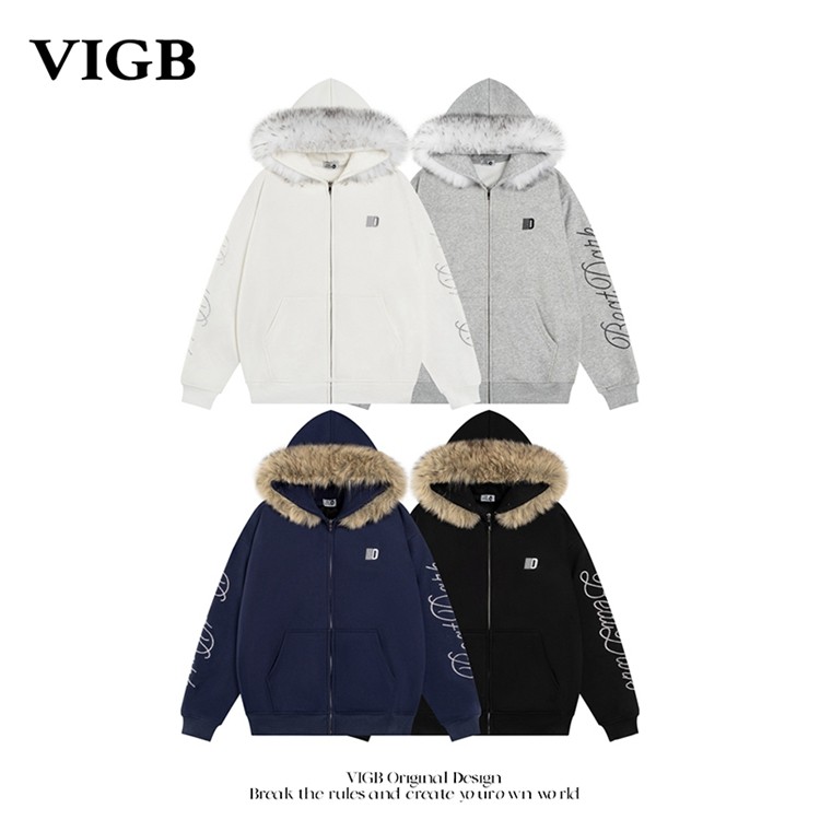 VIGB 原创国潮美式拉链开衫情侣帽衫男女休闲重磅连帽卫衣外套潮