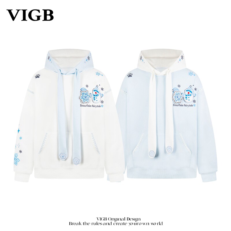 VIGB 原创国潮美式雪人蝴蝶结帽绳卫衣刺绣连帽男女情侣雪花外套