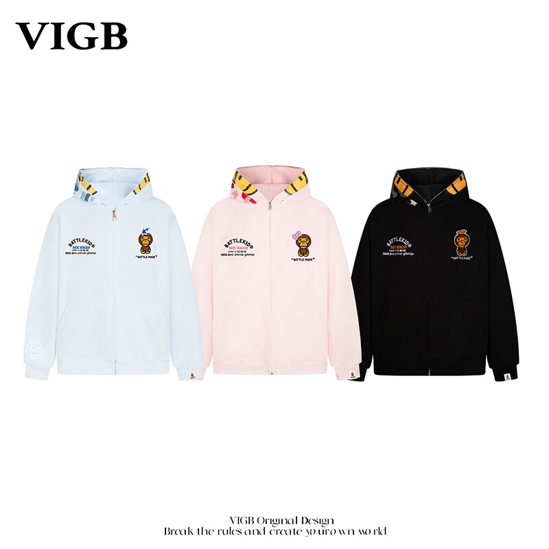 VIGB 原创国潮美式复古刺绣连帽卫衣男女宽松街头风套头帽衫外套
