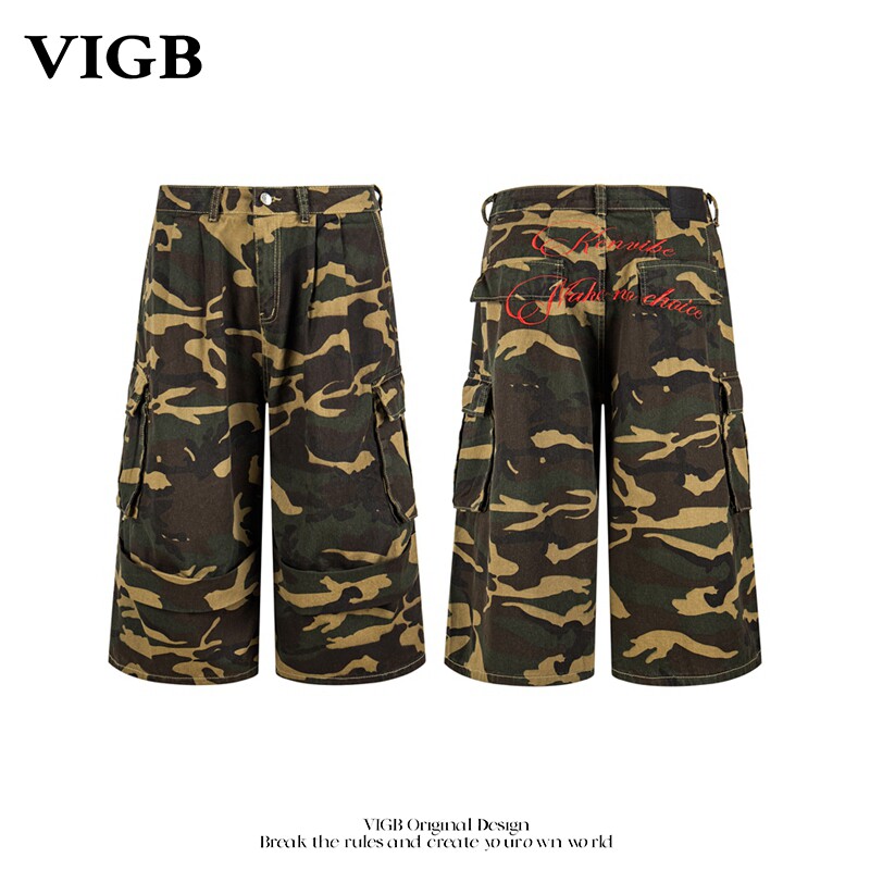 VIGB原创复古迷彩工装七分牛仔裤