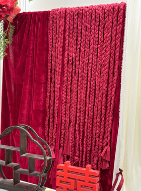 网红麻花辫婚庆道具红色丝绒布幔单品支架丝带蝴蝶结亮片氛围装饰