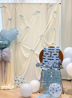 蓝色婚房场景布置卧室布幔支架背景条幅床头kt板氛围装饰晨袍拍照