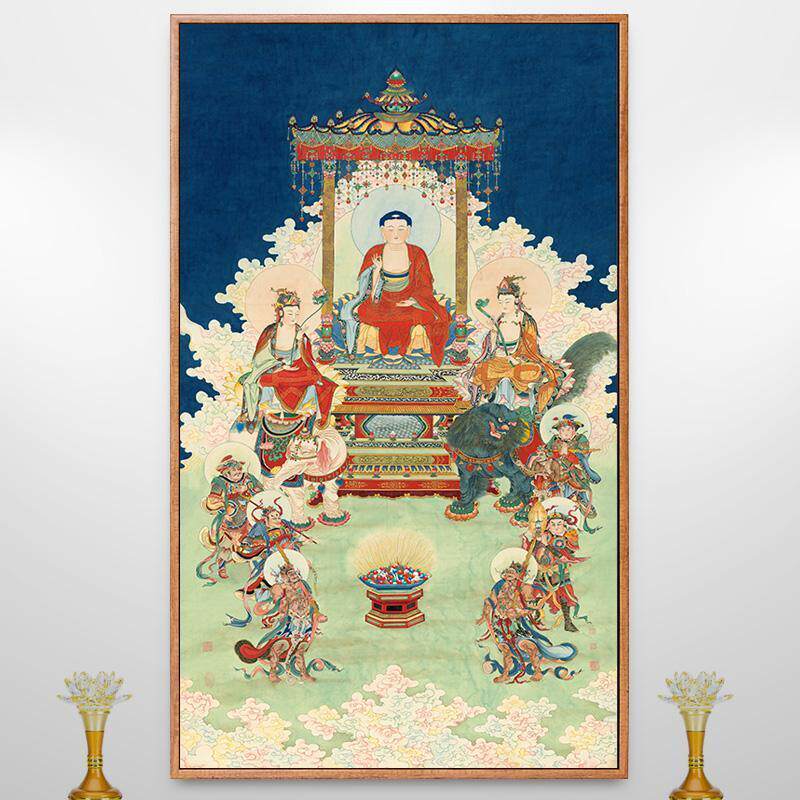 华严三圣画像四大天王人物佛像挂画禅意装饰画佛堂茶室走廊壁画