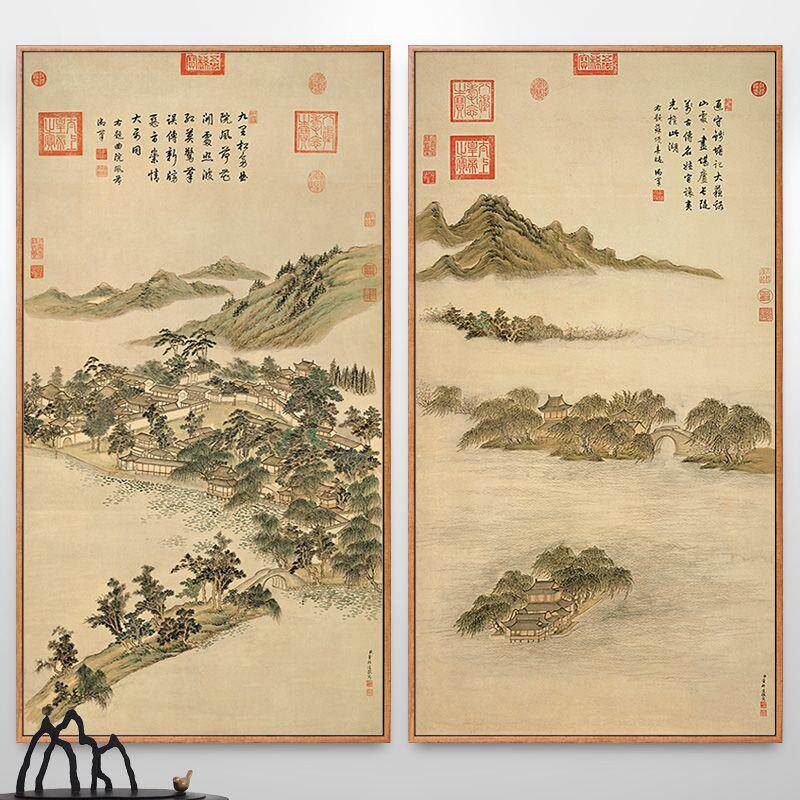 西湖十景图董邦达山水风景画新中式装饰画走廊过道竖版挂画中国风