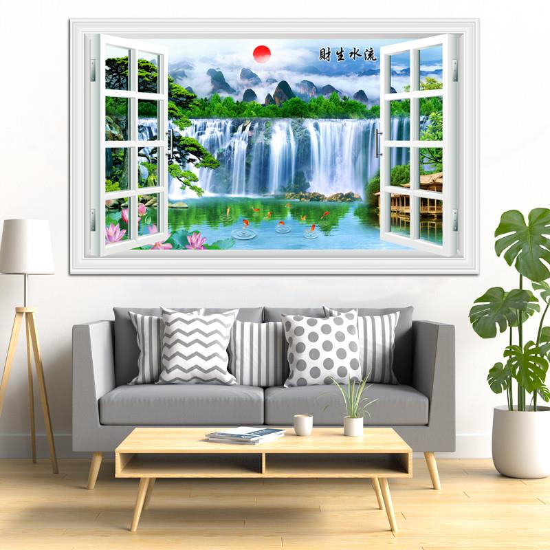 风景画墙贴3D立体壁画贴纸自粘客厅背景墙装饰画假窗户仿真贴画图片