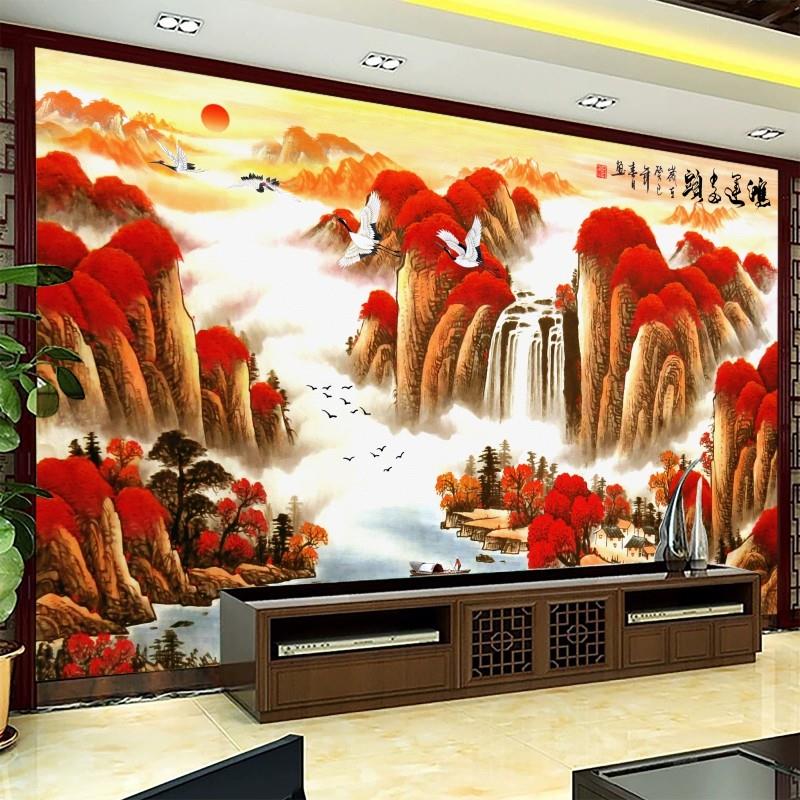 3d立体墙贴客厅沙发背景装饰贴画自粘墙纸办公室山水墙画图片