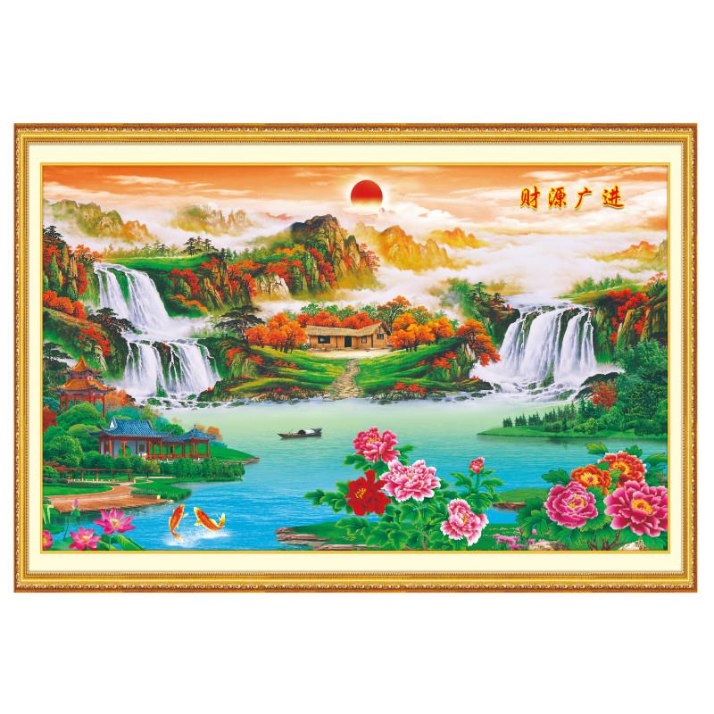 风水画山水平面海报风景纸质画家居装饰墙贴画流水生财喜庆墙画图片