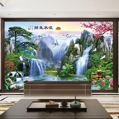 流水生财自粘山水风景客厅墙贴画电视背景墙贴纸年画墙面装饰墙纸