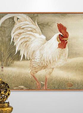 公鸡画白色玄关镇宅风水招财挂画鸡图案雄鸡图金鸡报晓装饰画