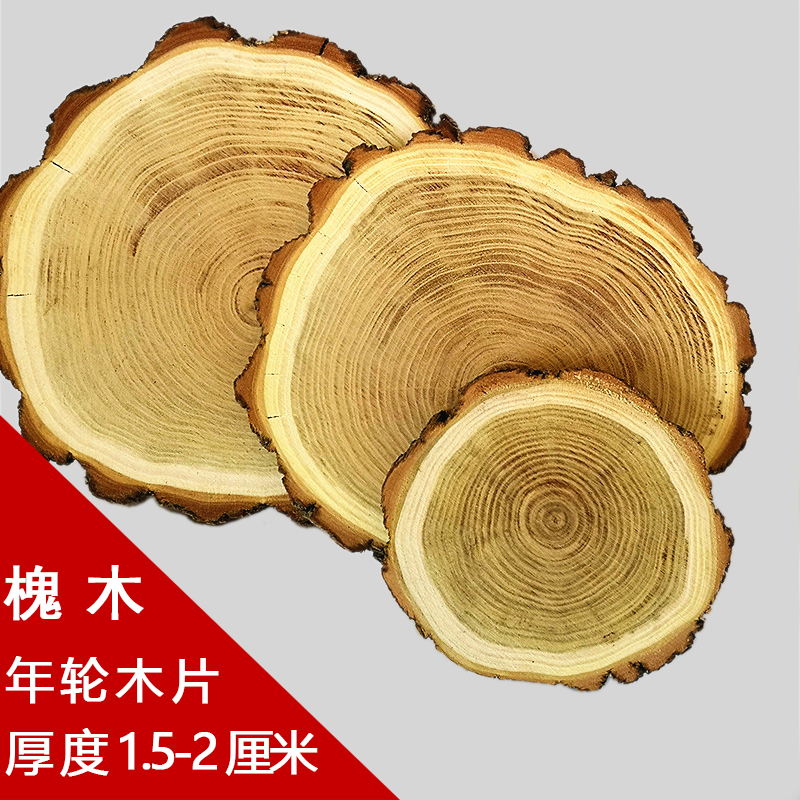 槐木年轮片带皮圆木桩摆件托盘