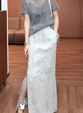 浅灰色亚麻飘带半身裙女夏季流行新款优雅高贵时尚减龄侧开叉长裙