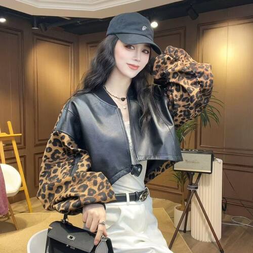 狂放女孩短款豹纹PU皮夹克外套女