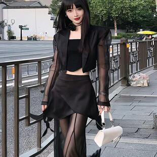 两件套女 女简约网纱拼接长裤 腰部镂空绑带原创垫肩短外套夏季 西装