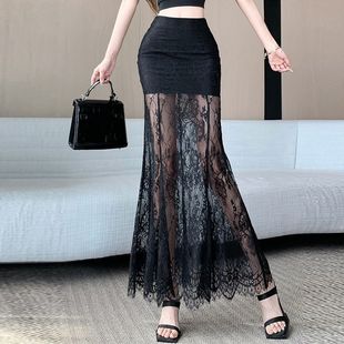 高级感网纱拼接黑色蕾丝半身裙女2025夏季新款高腰鱼尾包臀裙长裙