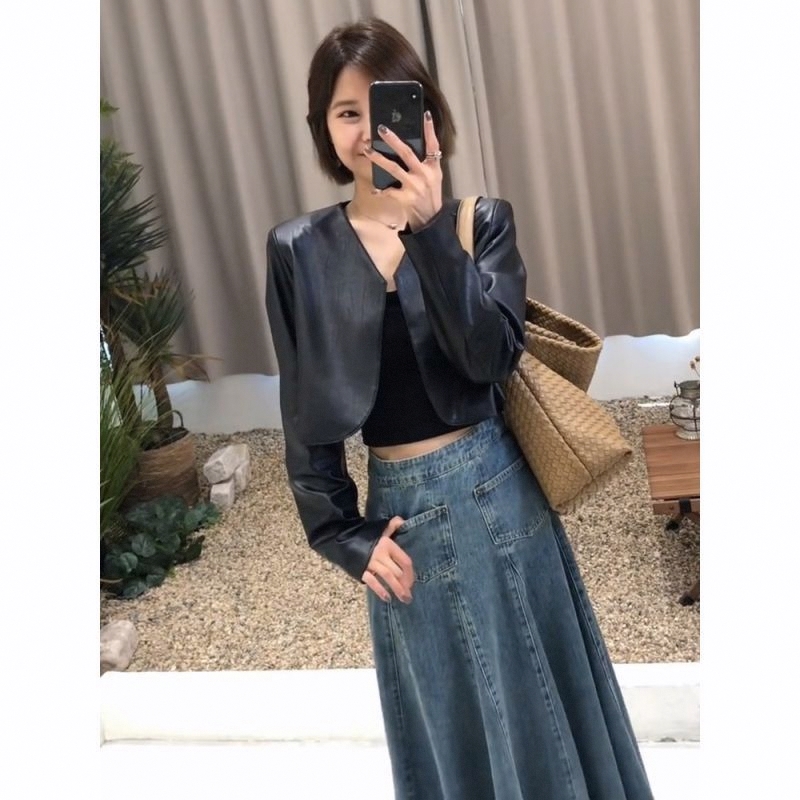 纯色43高级感黑色v领短外套韩版