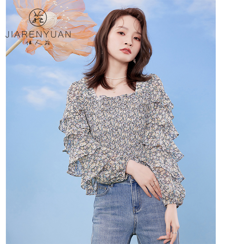佳人苑雪纺衫女2023年春季新款方领绑带荷叶边长袖洋气碎花上衣