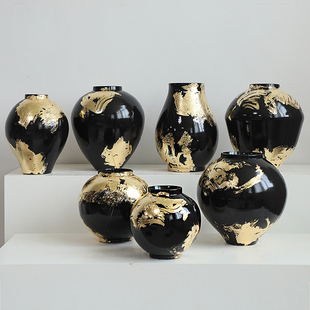 现代新中式样板间酒店别墅大号装饰摆件意境金珀黑色釉陶瓷器花瓶