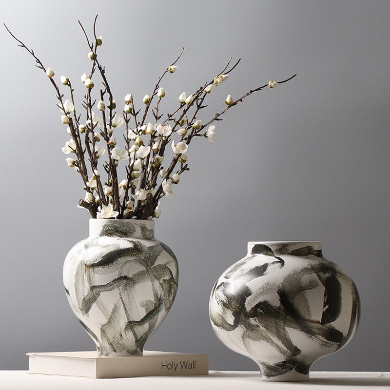 现代简约中式写意毛笔绘画釉陶瓷器花瓶客厅玄关桌面大号装饰摆件