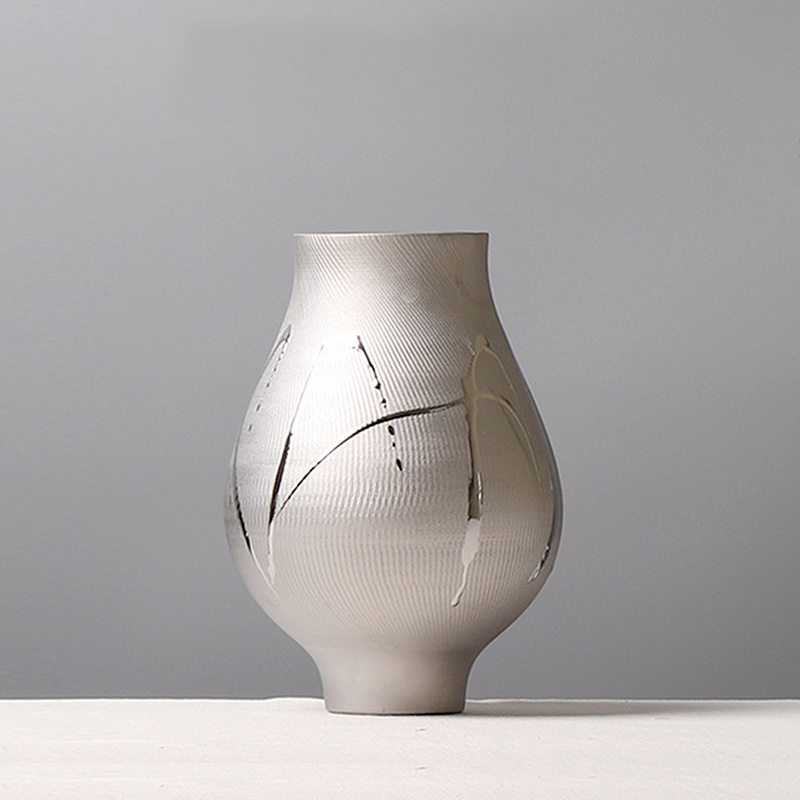 现代新中式哑光银色陶瓷花瓶样板间民宿茶室书房博古架装饰品摆件