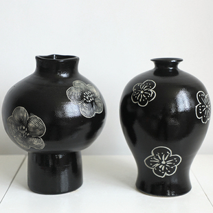 现代简约日式禅意釉黑色印樱花陶罐花器大号民宿酒店桌面装饰摆件