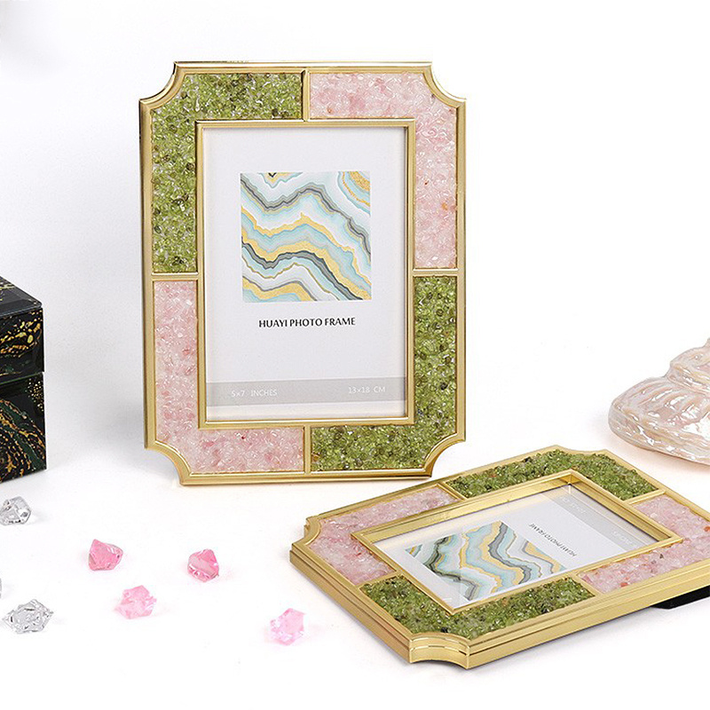 创意轻奢风样板间装饰摆台金属边框粉色绿色彩石相框6寸7寸陈设品