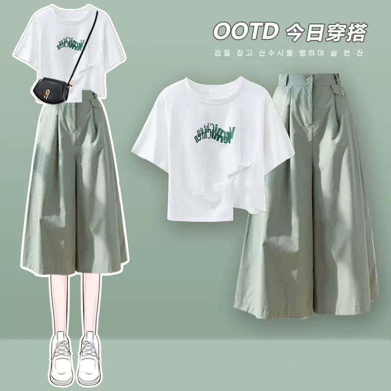 小清新七分阔腿裤套装女夏季新款休闲运动套装