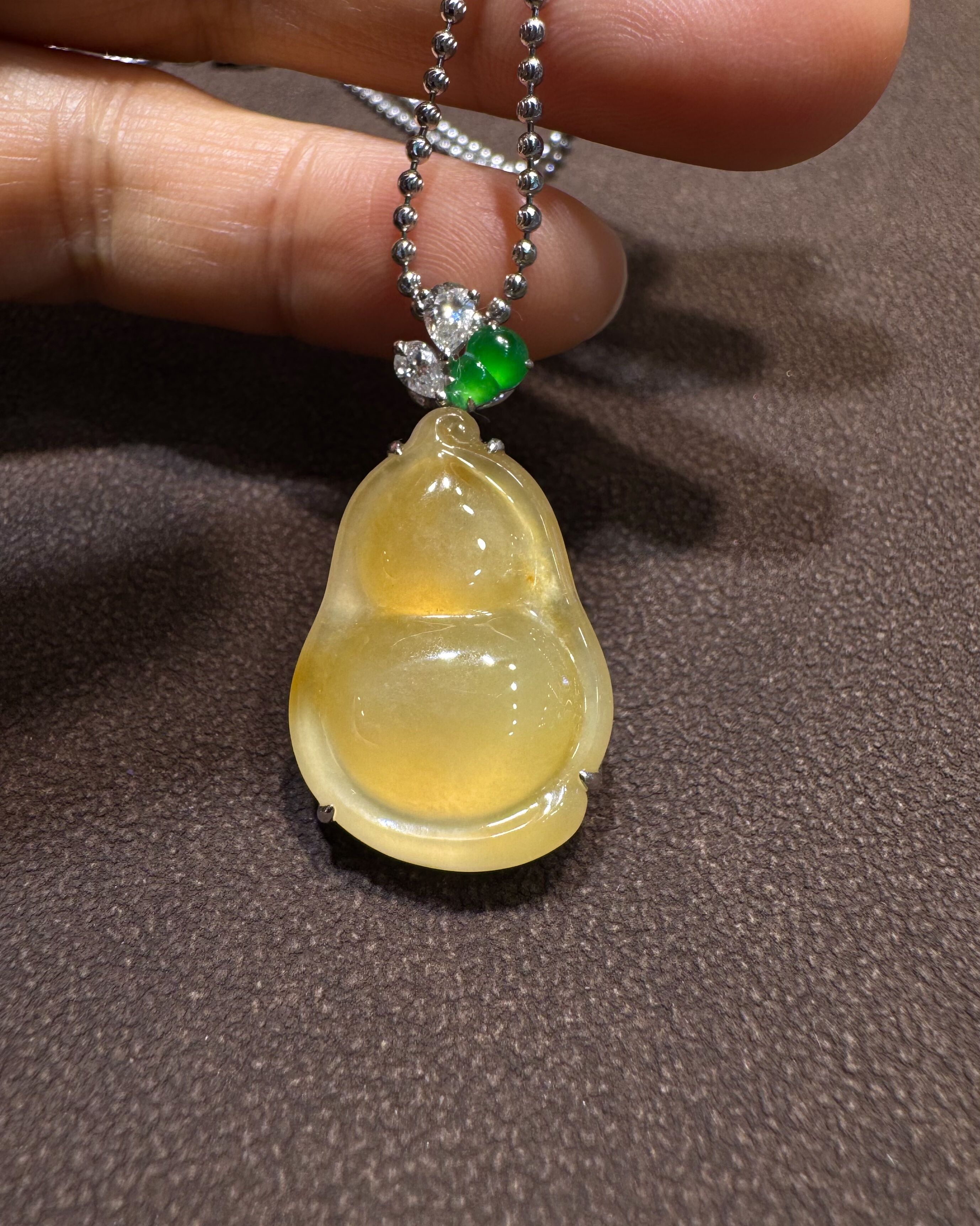 天然缅料A货翡翠老坑冰种柠檬黄福豆葫芦吊坠18K金镶嵌